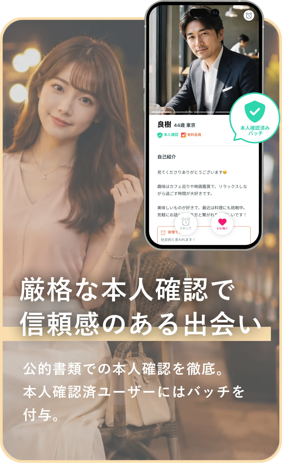 厳格な本人確認 - 公的書類での本人確認を徹底。本人確認済ユーザーにはバッジを付与し、信頼感のある出会いを提供します